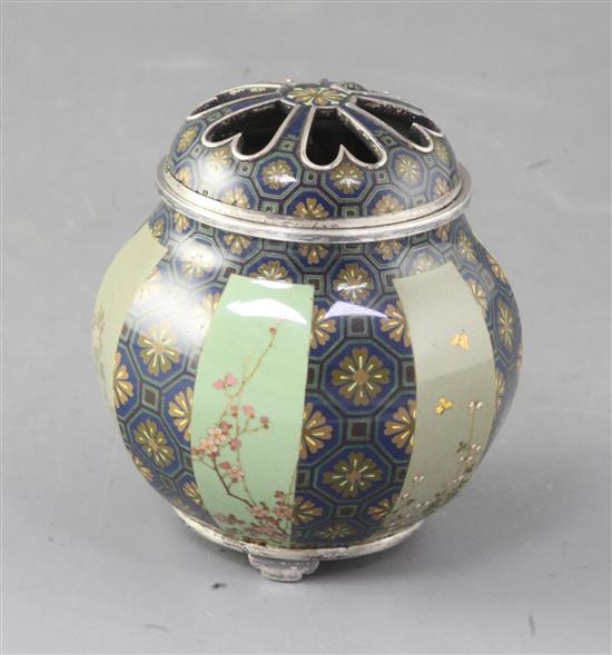 A fine Japanese silver and cloisonné enamel koro and cover by Namikawa Yasuyuki (1845-1927), Meiji period, slight damage, 8.5cm high